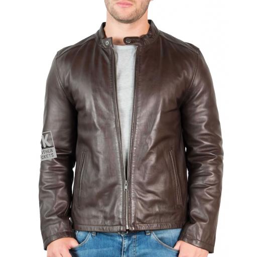 Mens Brown Leather Jacket - Legend - Short Collar