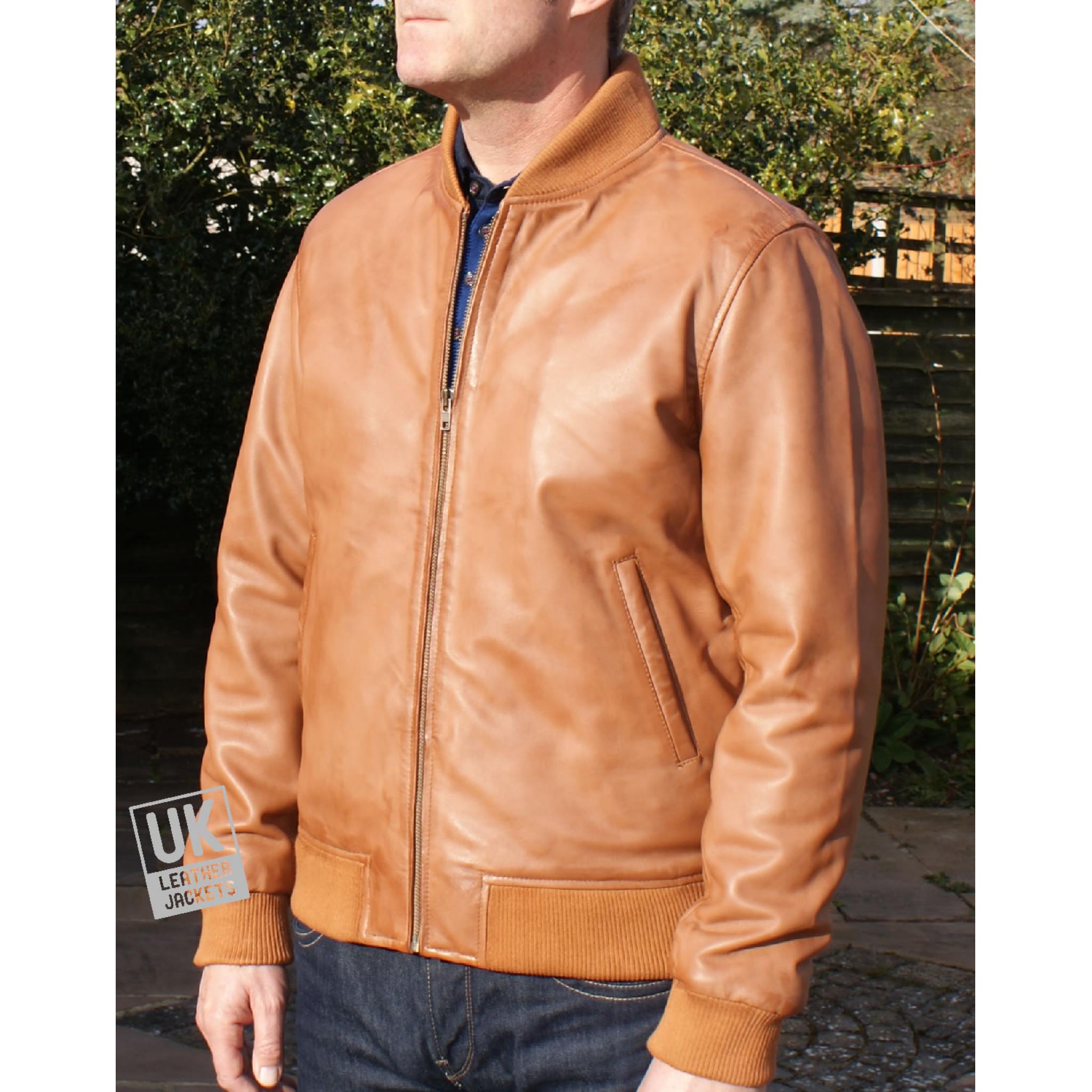 Mens Vintage Tan Leather Bomber Jacket Houston I