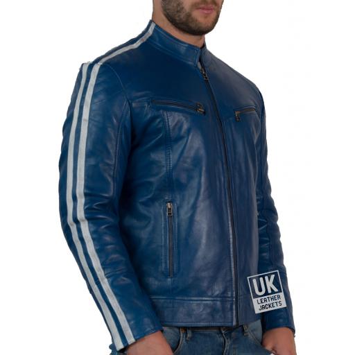 Mens Blue Leather Biker Jacket Octane Blue - Right Sleeve White Stripes