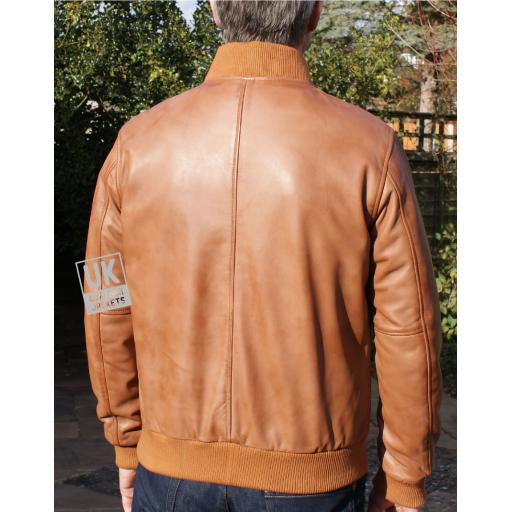 Mens  Vintage Tan Leather Bomber Jacket - Houston - Back