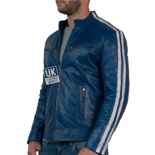 Mens Blue Leather Biker Jacket Octane Blue -Left Arm White Stripes
