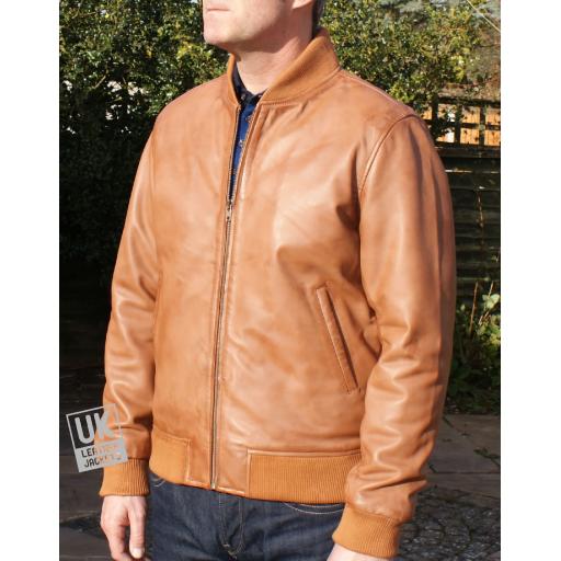 Mens Vintage Tan Leather Bomber Jacket - Houston I - Superior Quality