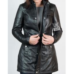 Womens Black Leather Coat - Montana - Detachable Hood  - front zip fastening and leather fly front