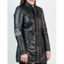 Womens Black Leather Coat - Montana - Detachable Hood  - Side view without hood