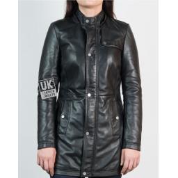 Womens Black Leather Coat - Montana - Detachable Hood  - front view without hood