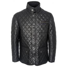 Mens Quilted Diamond Stitch Black Leather Jacket - Redford - Front 2