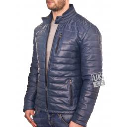 Mens Blue Leather Jacket - Ultra Light Quilted - Side with zip pockets