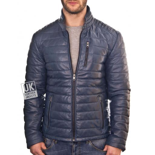 Mens Blue Leather Jacket - Ultra Light Quilted - Front with 3 zip pockets