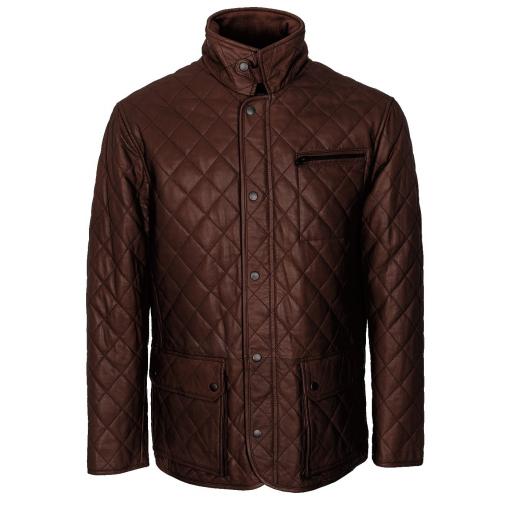 Mens Quilted Diamond Stitch Brown Leather Jacket - Redford - Front 