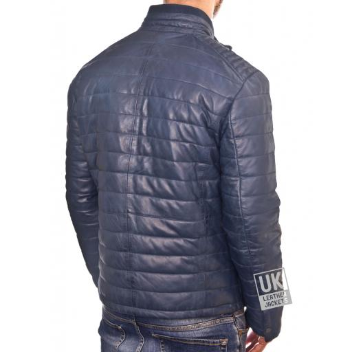 Mens Blue Leather Jacket - Ultra Light Quilted - Back