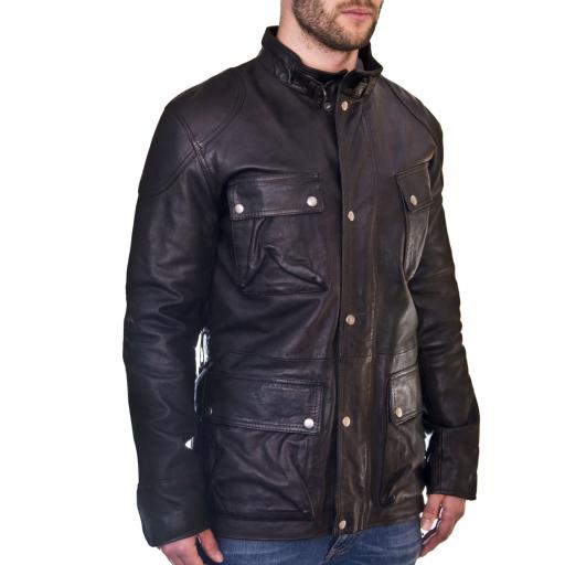 Mens Hip Length Leather Jacket - Longhurst - Black -  Side Unbelted