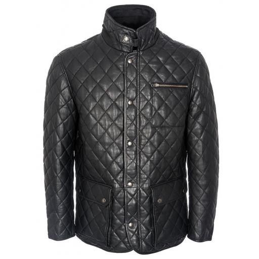 Mens Quilted Diamond Stitch Black Leather Jacket - Redford - Front 2