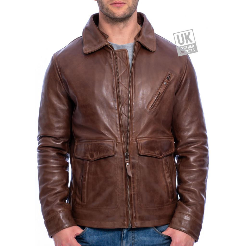 Mens Chestnut Brown Leather Jacket - Additional Wool Collar | Free UK ...