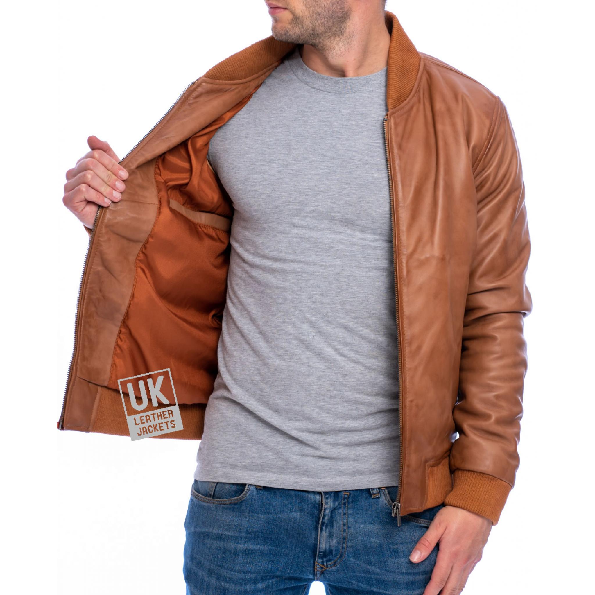 mens light brown leather bomber jacket