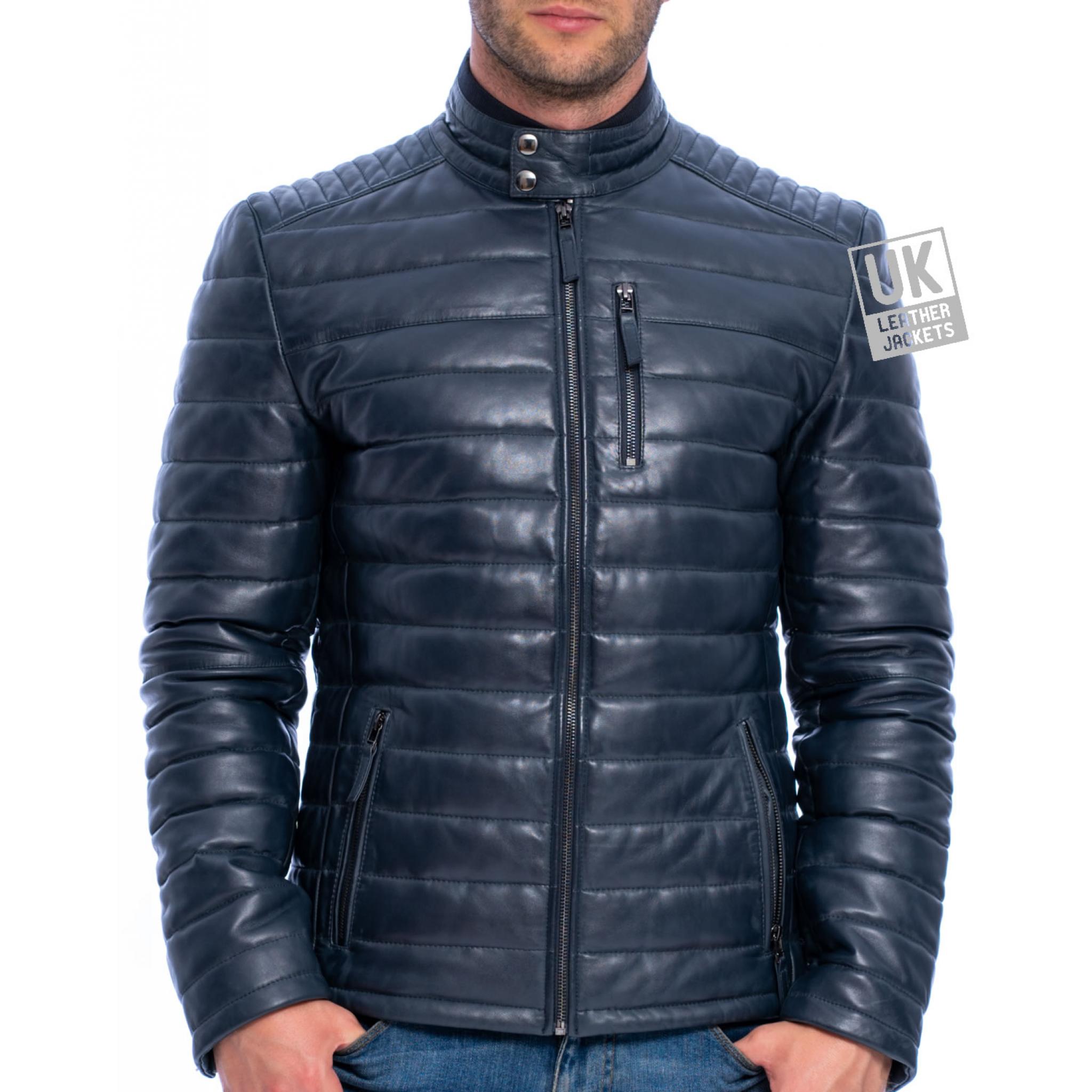 Mens Navy Blue Leather Jacket - Ultra Light Quilted | UK Leather Jackets