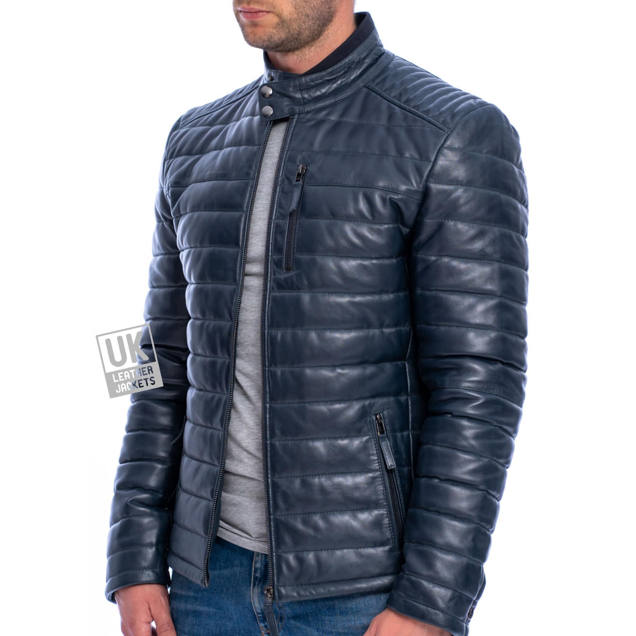 Mens Navy Blue Leather Jacket - Ultra Light Quilted | UK Leather Jackets