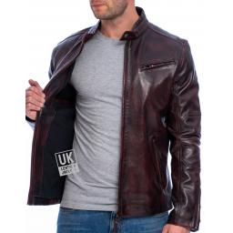 Men's Burgundy Leather Biker Jacket - Invictus - Superior - Lining
