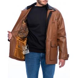 Men's Tan Contrast Leather Parka Coat - Huxley - Lining