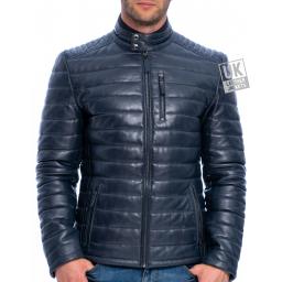 Mens Navy Blue Leather Jacket - Ultra Light Quilted - Front