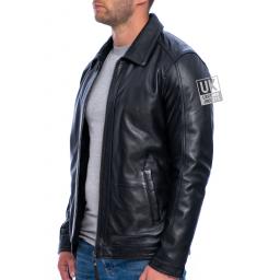 Mens Black Leather Jacket - Steed - Front Unzipped