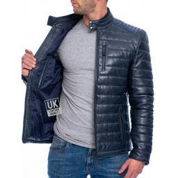 Mens Navy Blue Leather Jacket - Ultra Light Quilted - Lining