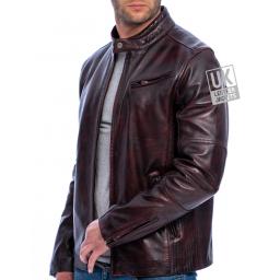 Men's Burgundy Leather Biker Jacket - Invictus - Superior - Side Unzipped