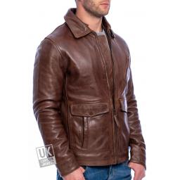 Mens Brown Leather Pilot Jacket - Harrier - Leather Collar - Front