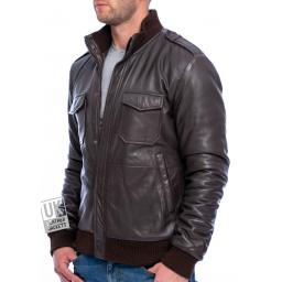 Men's Brown Leather Bomber Jacket - Pinnacle - Front