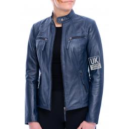 Women's Blue Leather Jacket - Leone - Front