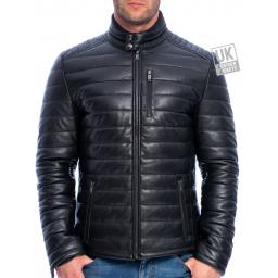 Mens Black Leather Jacket - Ultra Light Quilted - Front