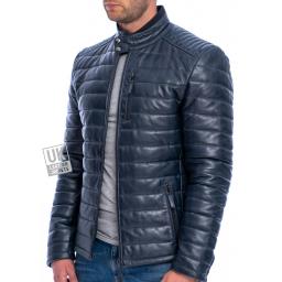 Mens Navy Blue Leather Jacket - Ultra Light Quilted - Side
