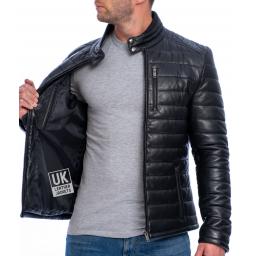 Mens Black Leather Jacket - Ultra Light Quilted - Lining
