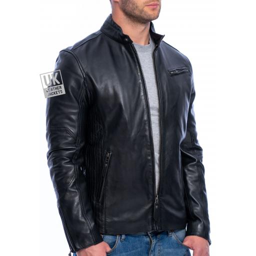 Men's Black Leather Biker Jacket - Invictus - Front Side