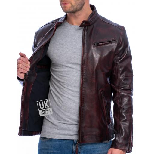 Men's Burgundy Leather Biker Jacket - Invictus - Superior - Lining