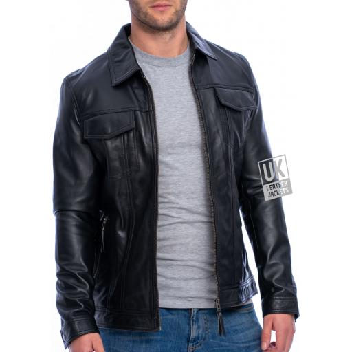 Mens Black Leather Jacket - Flint - Front Unzipped