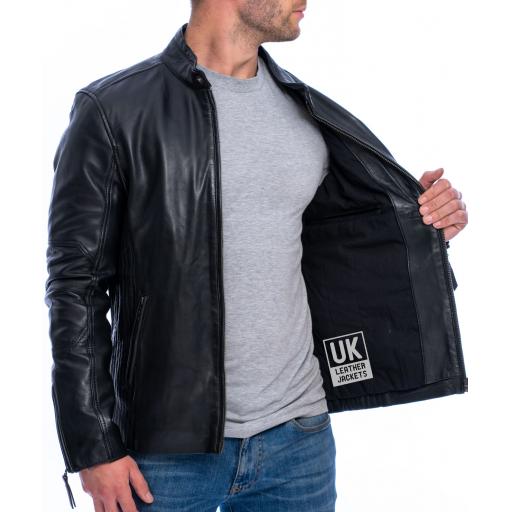 Men's Black Leather Biker Jacket - Invictus - Lining