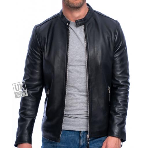 Men's Black Leather Biker Jacket - Legacy - Superior - Unzipped