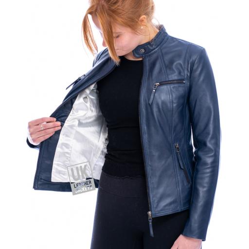 Women's Blue Leather Jacket - Leone - Lining