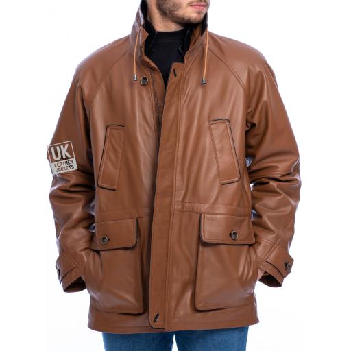 Men's Tan Contrast Leather Parka Coat - Huxley - Side Hand Warmer Pockets