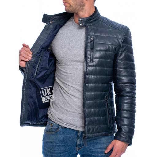 Mens Navy Blue Leather Jacket - Ultra Light Quilted - Lining