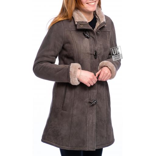 Womens Grey Sheepskin Duffle Coat - Alaska - Front without Hood