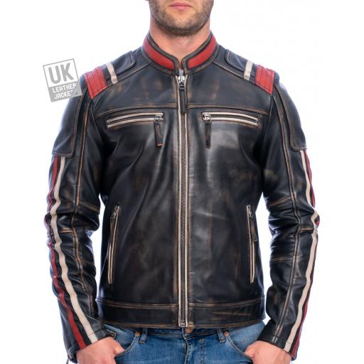 Men's Black Fade Leather Jacket - Dante - Superior Quality - Front