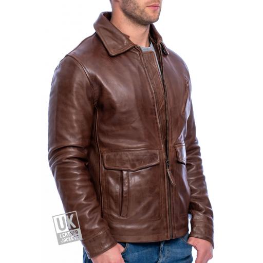 Mens Brown Leather Pilot Jacket - Harrier - Leather Collar - Front