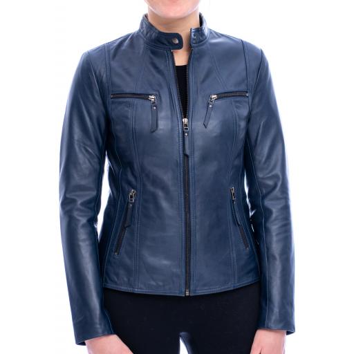 Women's Blue Leather Jacket - Leone - Front