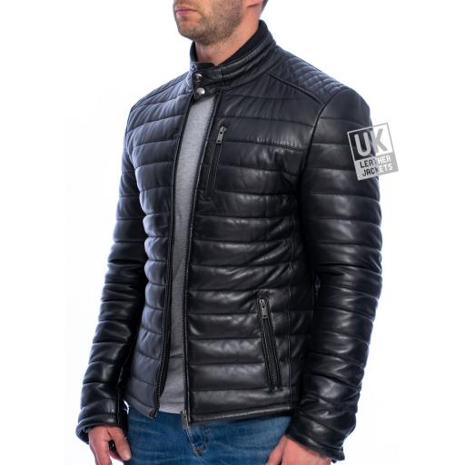 Mens Black Leather Jacket - Ultra Light Quilted - Side Unzipped