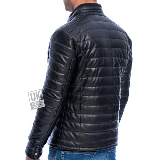 Mens Black Leather Jacket - Ultra Light Quilted - Back