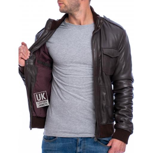 Men's Brown Leather Bomber Jacket - Pinnacle - Lining