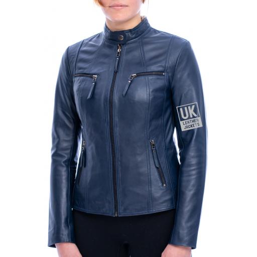 Women's Blue Leather Jacket - Leone - Zipped