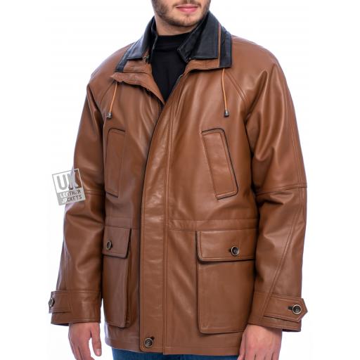 Men's Tan Contrast Leather Parka Coat - Huxley