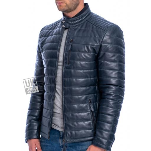 Mens Navy Blue Leather Jacket - Ultra Light Quilted - Side